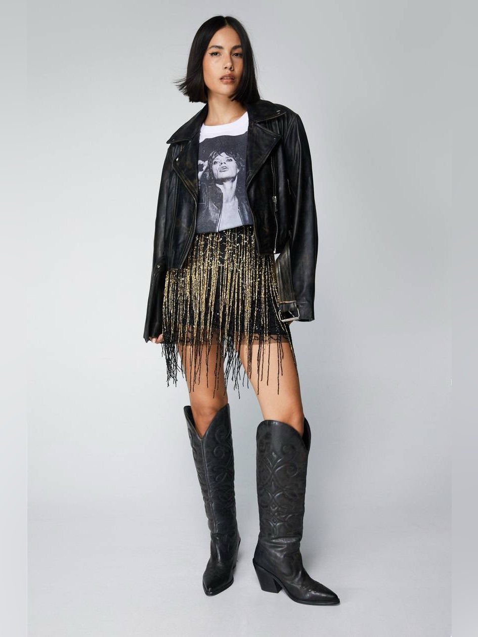 Nasty Gal Black & Gold Beaded Fringe Skirt Gatsby Festival Luxe | Nwt Size 0